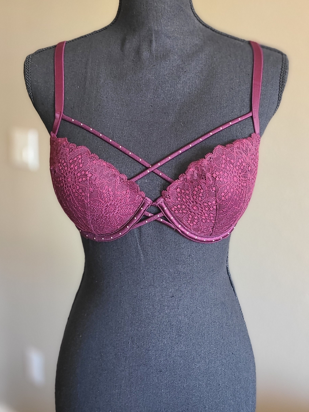 Victoria's Secret PINK Wine Lace Crisscross Push-Up Bra